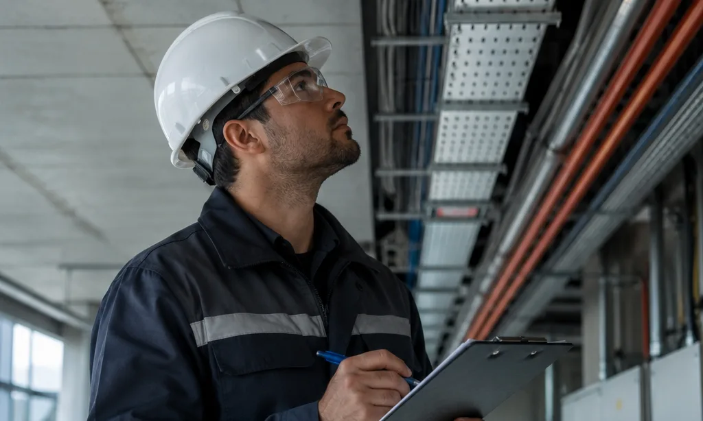 Técnico realizando relevamiento de infraestructura edilicia e instalaciones