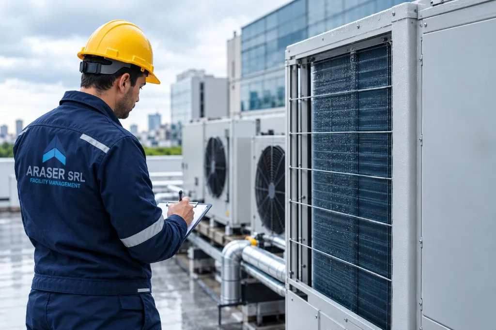 Técnico de Araser SRL inspeccionando unidades condensadoras HVAC en la terraza de un edificio corporativo