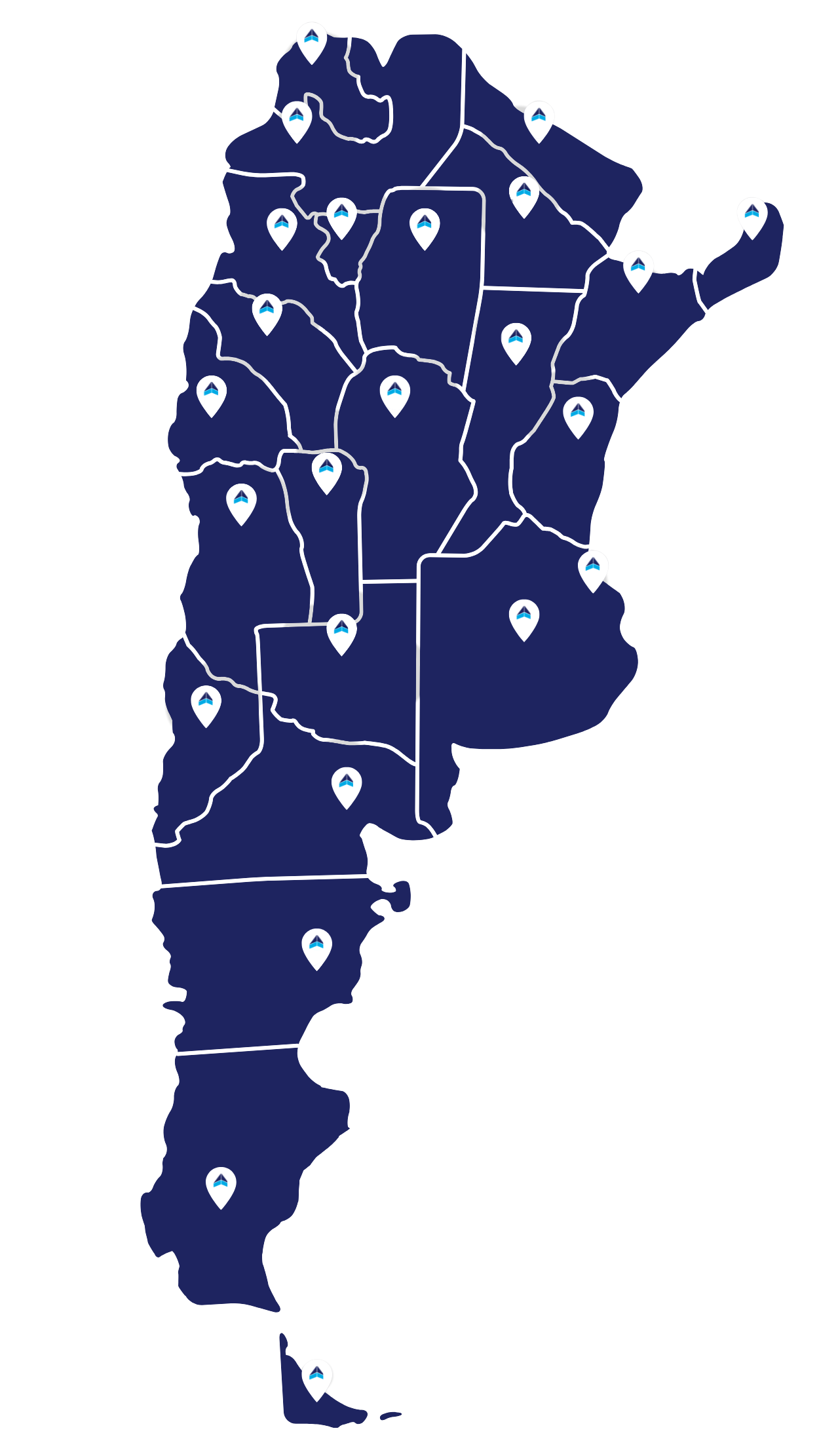 Mapa de la Republica Argentina con logos de Araser SRL en cada provincia